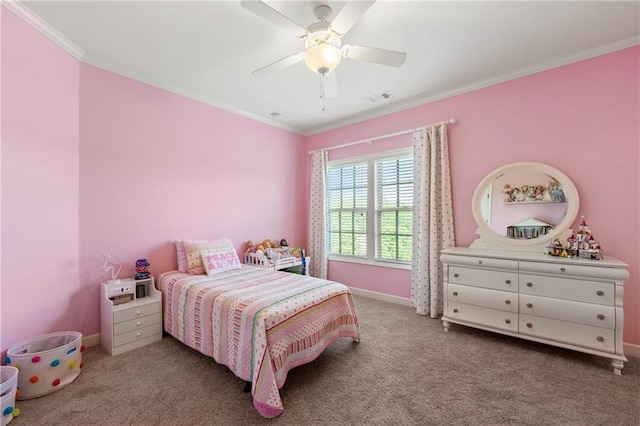 carpeted bedroom with a ceiling fan, baseboards, visible vents, and ornamental molding