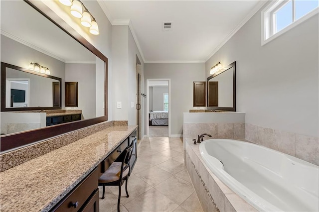 ensuite bathroom featuring crown molding, tile patterned flooring, ensuite bath, visible vents, and a bath