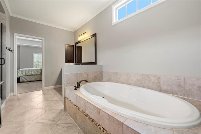 full bath featuring crown molding, baseboards, ensuite bath, and a healthy amount of sunlight