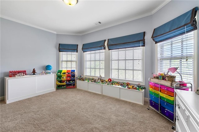 recreation room with crown molding, carpet floors, and visible vents