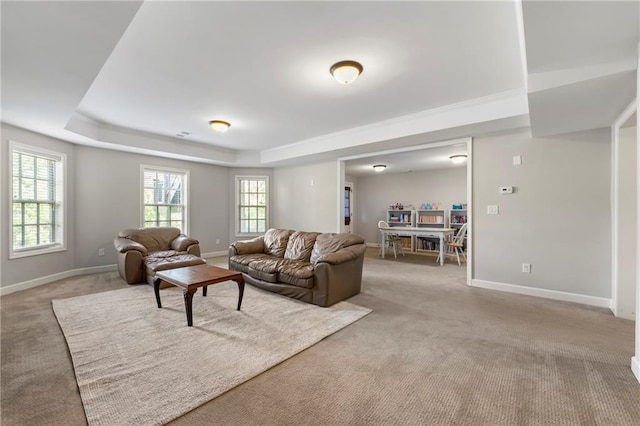 living area with baseboards, carpet flooring, and a tray ceiling