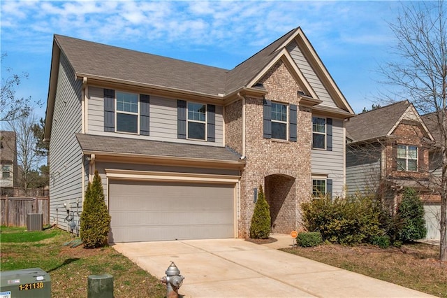 view of front of property featuring driveway, central AC, fence, a garage, and brick siding