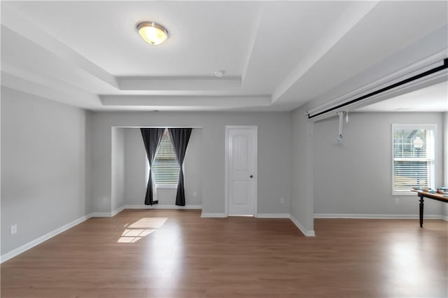 unfurnished room with baseboards, a tray ceiling, and wood finished floors