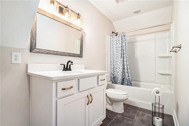 bathroom featuring toilet, vanity, shower / bathtub combination with curtain, and tile patterned floors