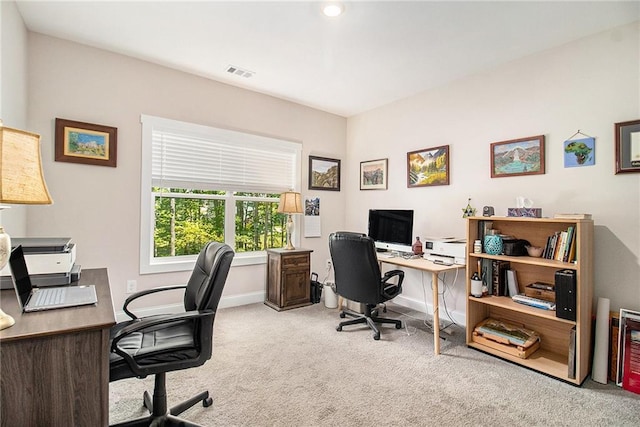 carpeted office space featuring baseboards and recessed lighting
