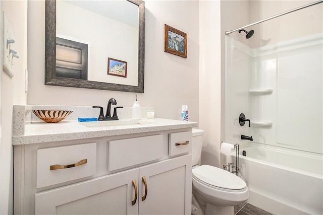full bath with toilet, vanity, and shower / tub combination