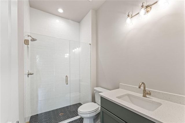 1005 Liberty Springs Dr, Woodstock, GA 30188 - full bathroom with vanity, a stall shower, recessed lighting, and tile patterned floors