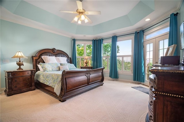 711 Wildcat Dr, Big Canoe, GA 30143 - bedroom featuring light carpet, a raised ceiling, baseboards, crown molding, and recessed lighting