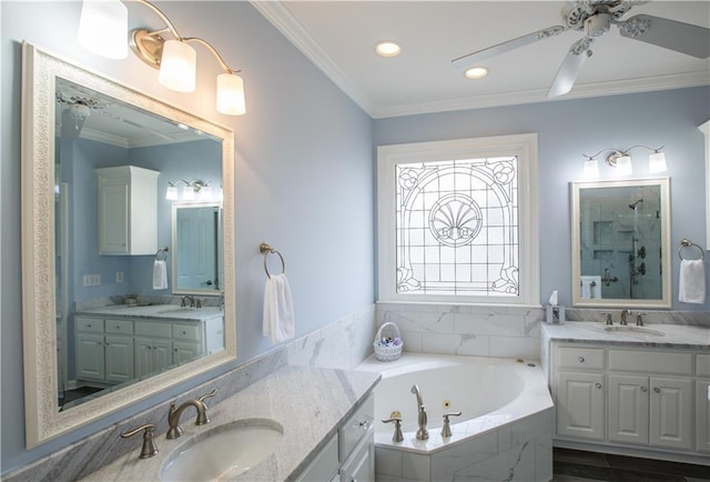 711 Wildcat Dr, Big Canoe, GA 30143 - full bath featuring walk in shower, a jetted tub, ornamental molding, ceiling fan, and two vanities