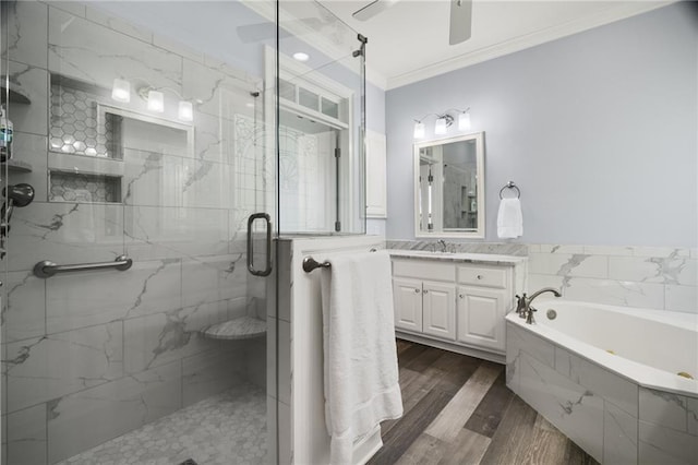 711 Wildcat Dr, Big Canoe, GA 30143 - full bath featuring a marble finish shower, crown molding, a bath, vanity, and a ceiling fan