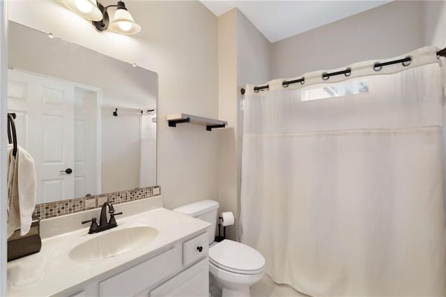 2740 Greymont Ct, Cumming, GA 30041 - bathroom with vanity, a shower with curtain, and tasteful backsplash