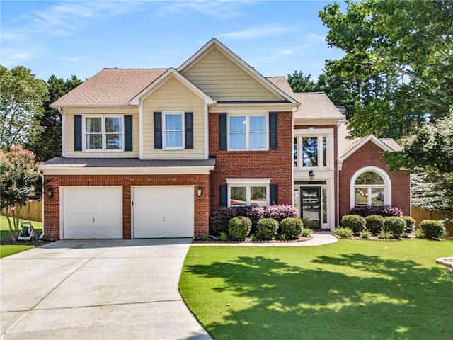 2740 Greymont Ct, Cumming, GA 30041 - view of front facade with an attached garage, driveway, brick siding, and a front yard