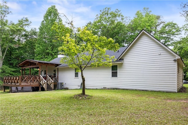 511 Laird Rd, Hiram, GA 30141 - view of side of home with a lawn, crawl space, central AC unit, roof with shingles, and a wooden deck