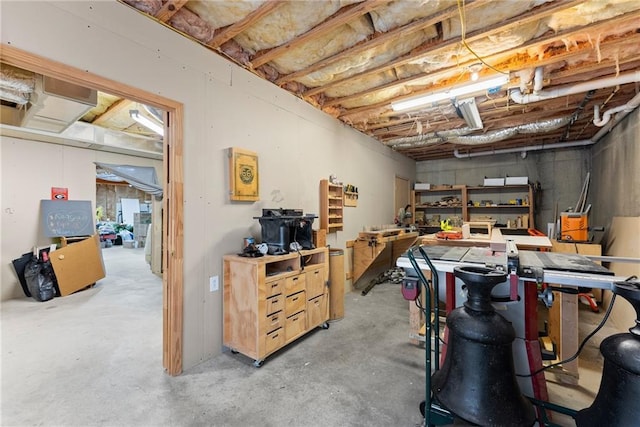 basement with a workshop area