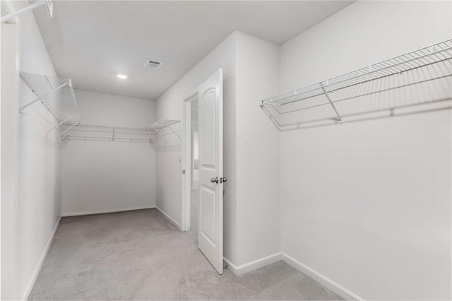 walk in closet with light colored carpet