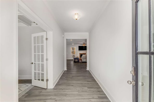 hallway with light wood-type flooring and ornamental molding