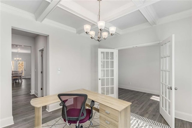 office featuring french doors, an inviting chandelier, and coffered ceiling