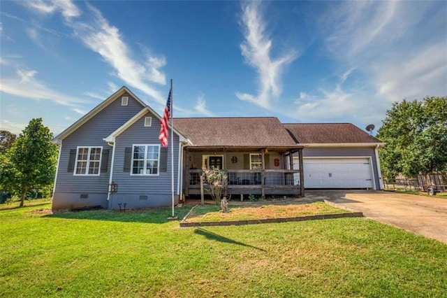 ranch-style home with a porch, a garage, and a front lawn