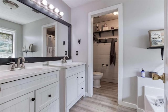 bathroom with wood-type flooring, toilet, walk in shower, and vanity