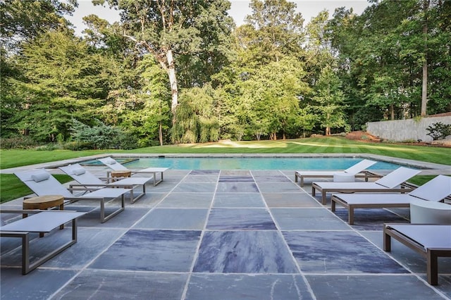 view of swimming pool with a patio and a lawn