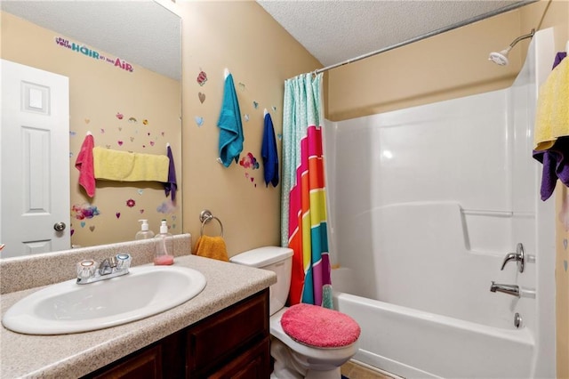 bathroom with toilet, shower / bath combo with shower curtain, a textured ceiling, and vanity