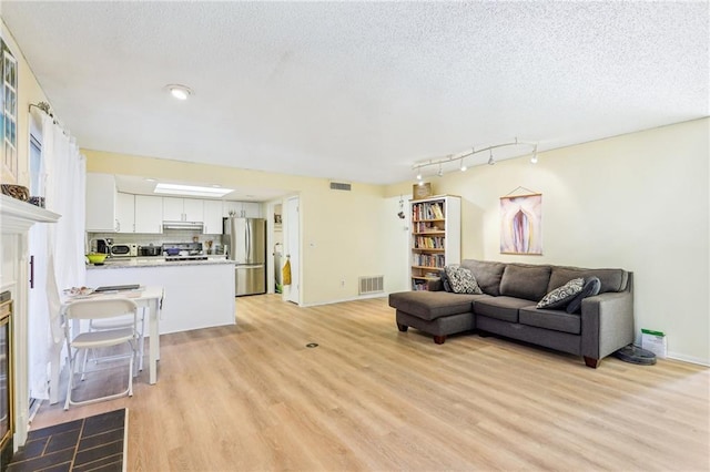 living room featuring light hardwood / wood-style floors and a textured ceiling