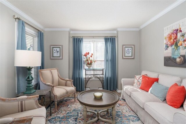 living room featuring crown molding