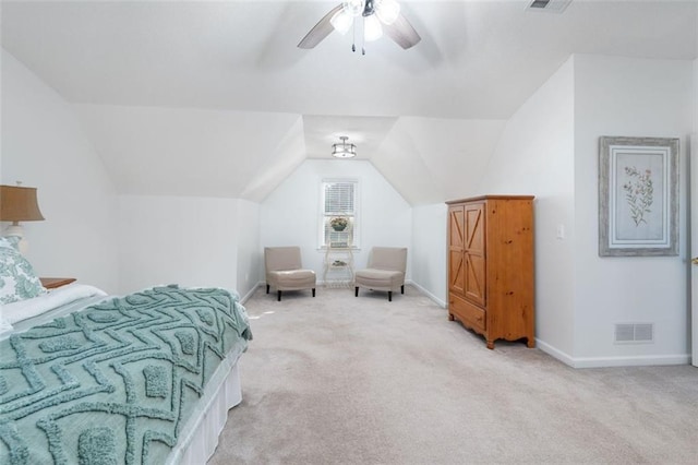 carpeted bedroom featuring ceiling fan and lofted ceiling