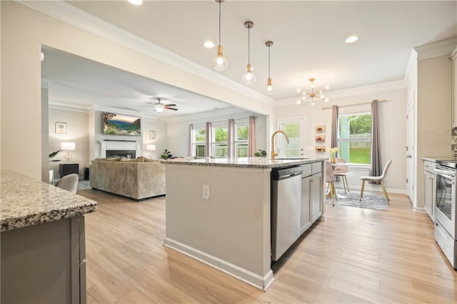 5322 Burrus Ln SW, Mableton, GA 30126 - kitchen featuring stainless steel appliances, a fireplace, crown molding, healthy amount of natural light, and light wood-style flooring