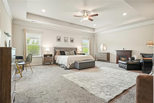 5322 Burrus Ln SW, Mableton, GA 30126 - bedroom featuring a raised ceiling, carpet floors, baseboards, ornamental molding, and recessed lighting