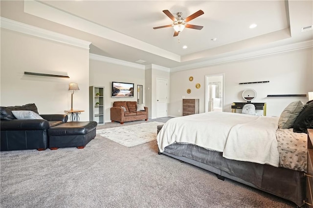 5322 Burrus Ln SW, Mableton, GA 30126 - carpeted bedroom featuring a tray ceiling, crown molding, recessed lighting, and ceiling fan