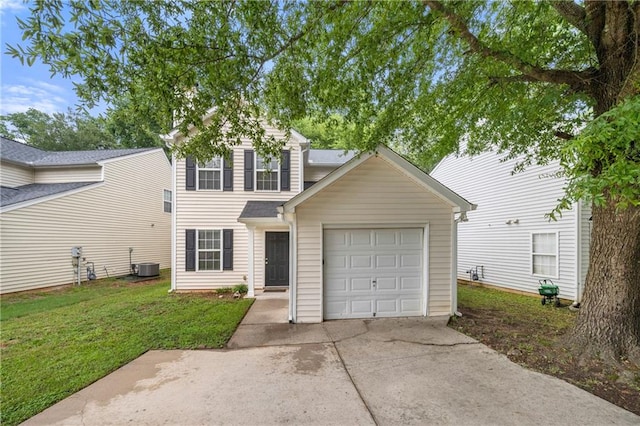 view of front property with a garage, central air condition unit, and a front lawn