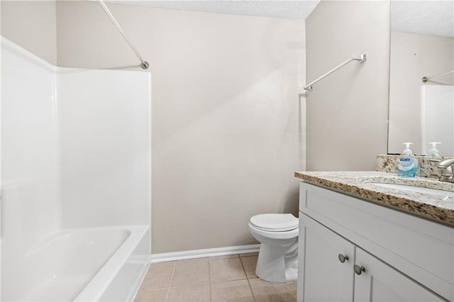 full bathroom with vanity, shower / bath combination, toilet, a textured ceiling, and tile patterned flooring