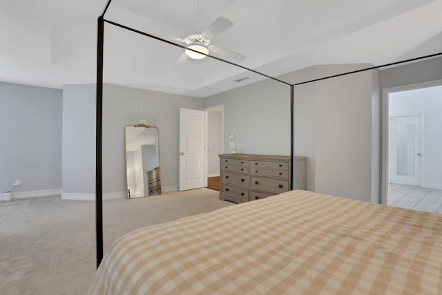 11280 Brookhollow Trl, Alpharetta, GA 30022 - bedroom with light carpet, baseboards, a ceiling fan, and connected bathroom