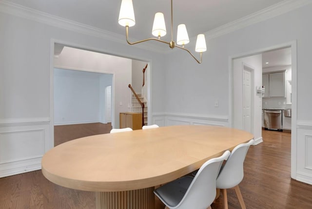 11280 Brookhollow Trl, Alpharetta, GA 30022 - dining space with a chandelier, dark wood finished floors, crown molding, stairs, and wainscoting