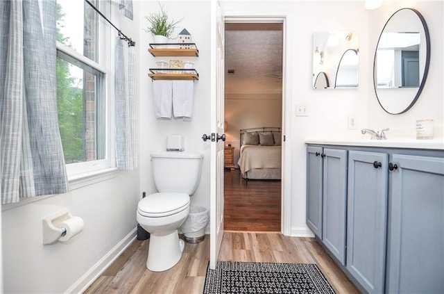 bathroom with vanity, baseboards, toilet, and wood finished floors