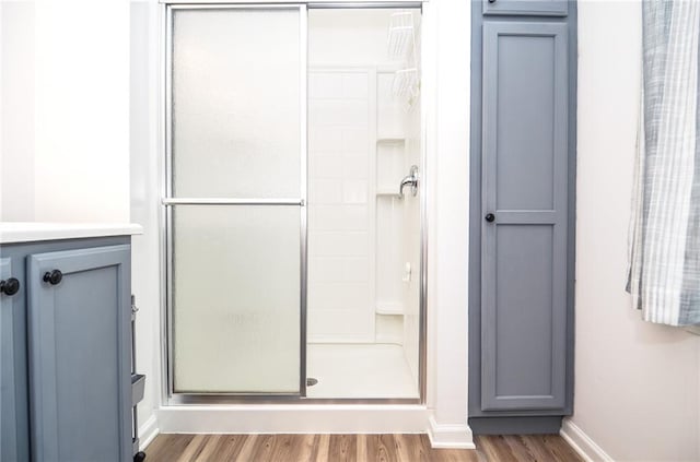 bathroom with baseboards, a stall shower, and wood finished floors