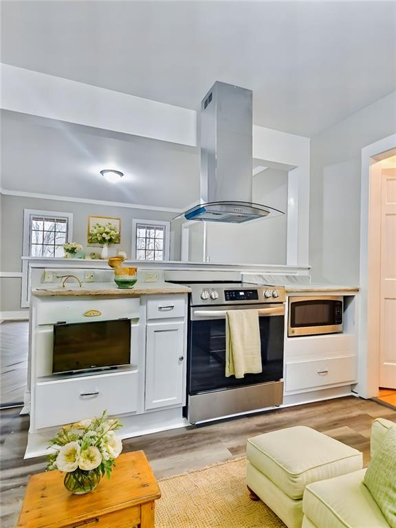 kitchen featuring white cabinetry, a wealth of natural light, island exhaust hood, appliances with stainless steel finishes, and light wood-type flooring