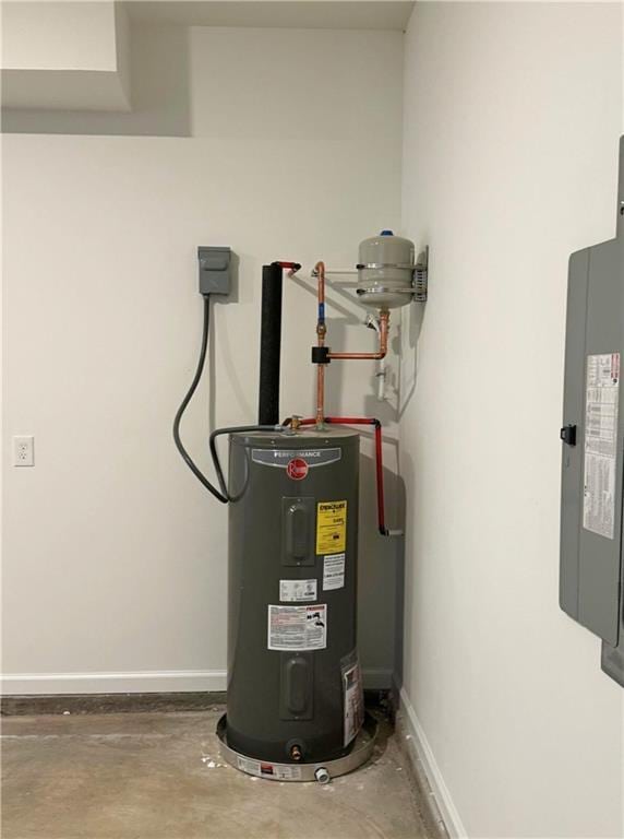 utility room featuring electric panel and water heater