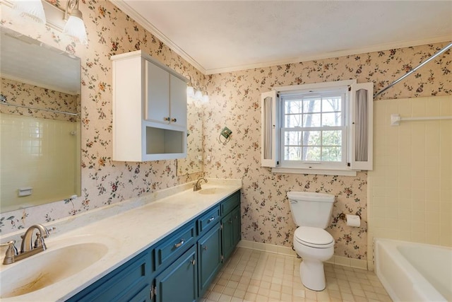 bathroom with wallpapered walls, toilet, baseboards, and a sink