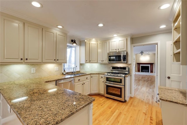 kitchen featuring light stone counters, a peninsula, light wood-style flooring, a sink, and stainless steel appliances