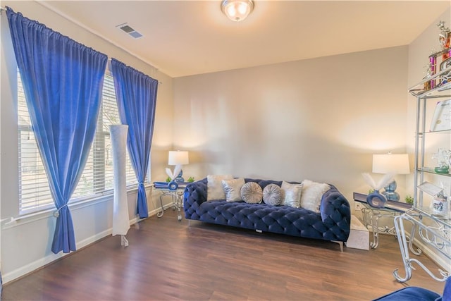 living room with dark hardwood / wood-style flooring