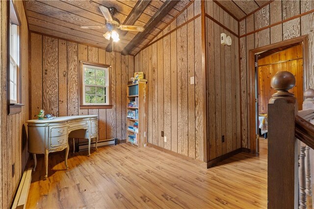 home office featuring vaulted ceiling, wood ceiling, light hardwood / wood-style floors, and wood walls