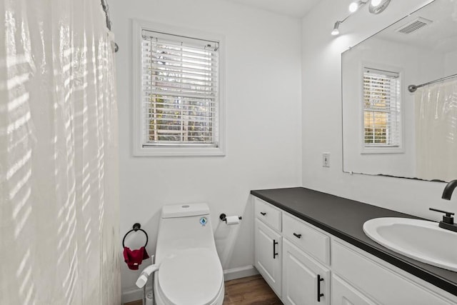 bathroom with vanity, a healthy amount of sunlight, toilet, and wood-type flooring