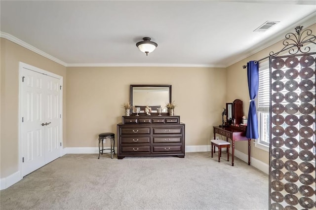 living area with light carpet, a wealth of natural light, and ornamental molding