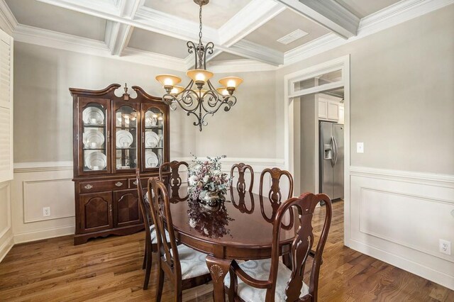 212 Westwind Dr, Newnan, GA 30263 - dining space featuring coffered ceiling, wood finished floors, beamed ceiling, a chandelier, and a wainscoted wall