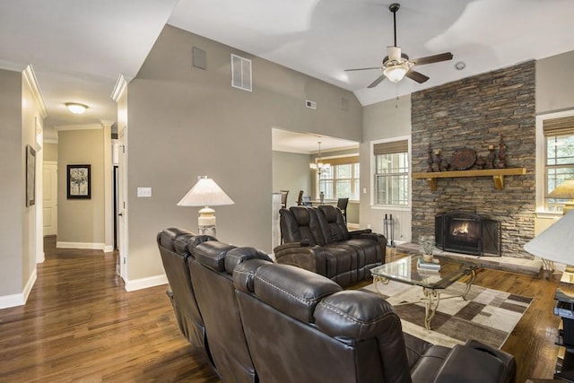 212 Westwind Dr, Newnan, GA 30263 - living area with a ceiling fan, wood finished floors, a fireplace, and lofted ceiling
