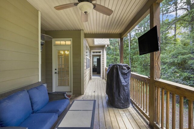 212 Westwind Dr, Newnan, GA 30263 - wooden terrace with an outdoor living space and a ceiling fan