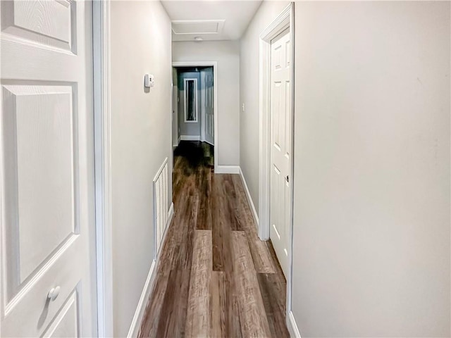 corridor featuring dark wood-type flooring