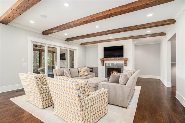 living room featuring recessed lighting, a large fireplace, wood finished floors, baseboards, and beam ceiling